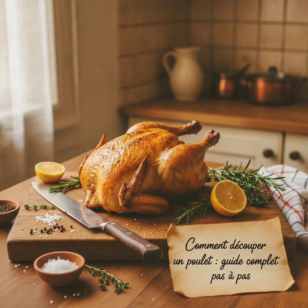 Couteau de chef et poulet rôti sur planche à découper