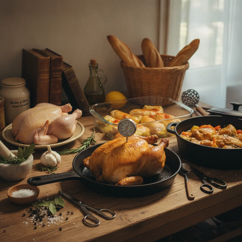Thermomètre à viande inséré dans un poulet rôti doré