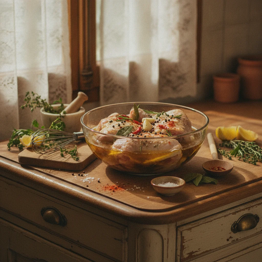 Bol de marinade aromatique avec morceaux de poulet cru