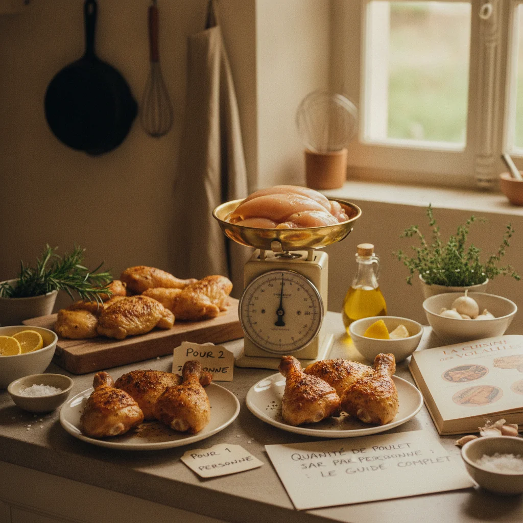 Portions de poulet dans des assiettes avec balance de cuisine