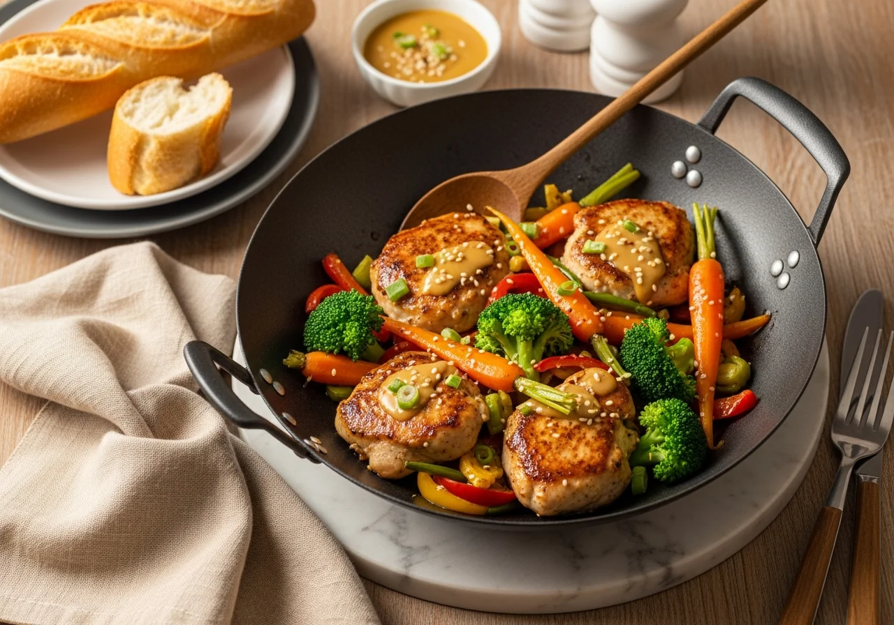 Aiguillettes de poulet sautées au wok avec poivrons, carottes et pois gourmands
