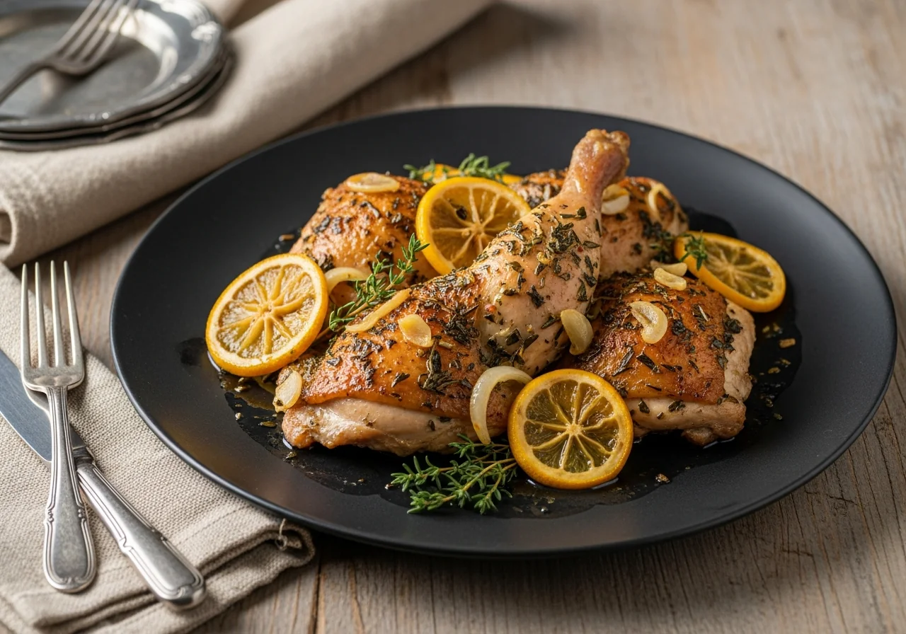Ailes de poulet au four dorées et croustillantes disposées sur une plaque de cuisson, parsemées de thym frais