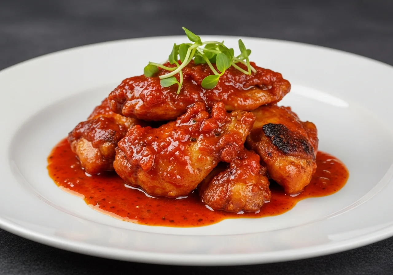 Ailes de poulet sauce buffalo brillantes et croustillantes servies avec des bâtonnets de céleri et une sauce yaourt