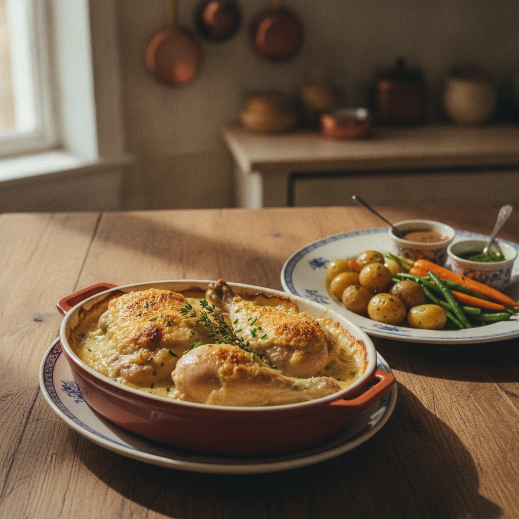 Blanc de poulet gratiné à la crème sorti du four