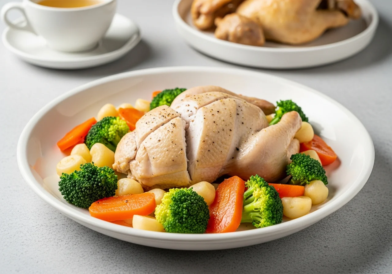 Assiette de blanc de poulet vapeur avec carottes, haricots verts et brocoli colorés