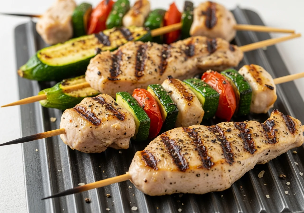 Brochettes de poulet mariné au citron grillées sur un barbecue, dorées et juteuses, présentées sur une planche en bois avec des quartiers de citron et des herbes fraîches