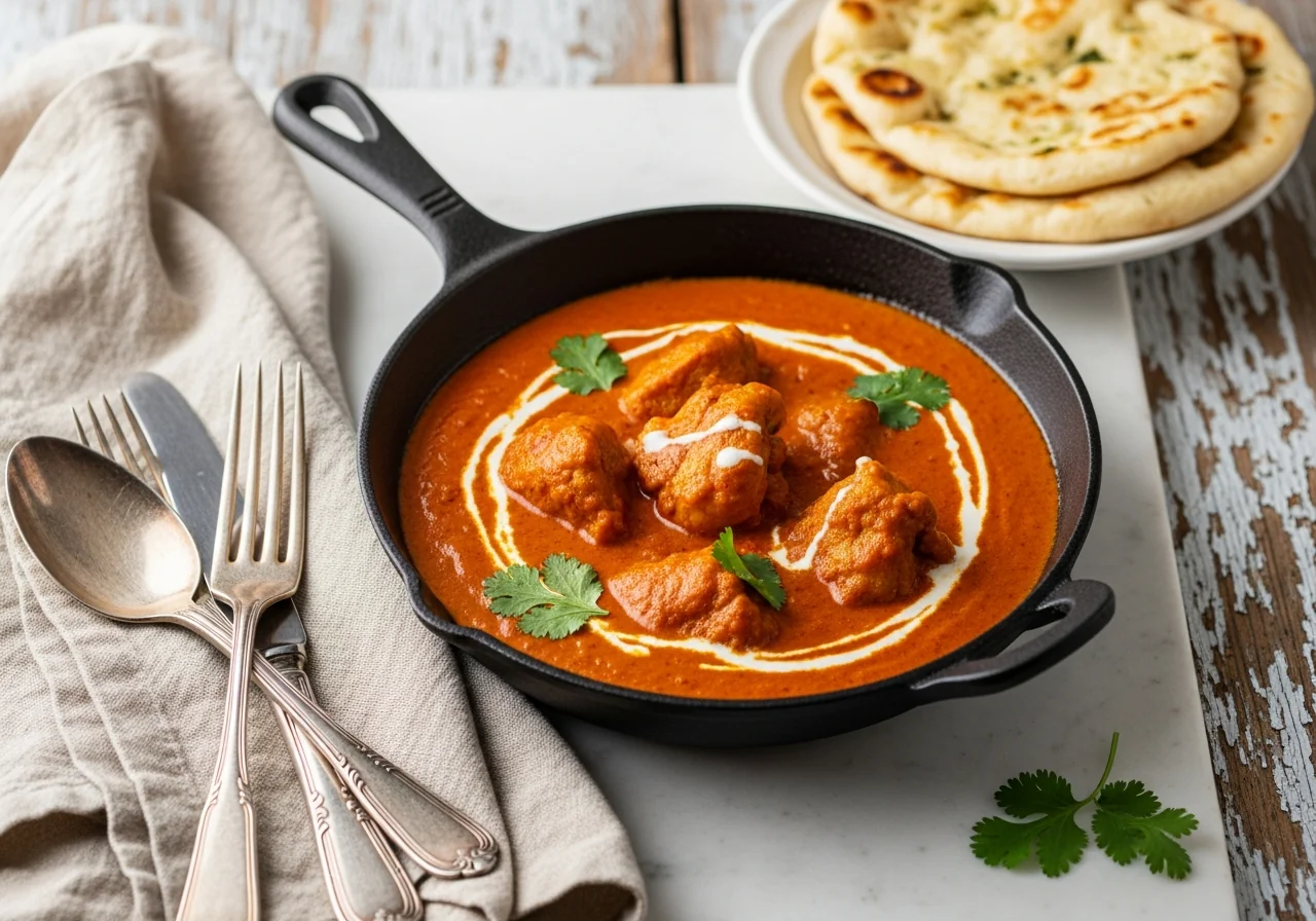 Butter chicken dans une cocotte, sauce orangée crémeuse aux épices indiennes, servi avec du riz basmati