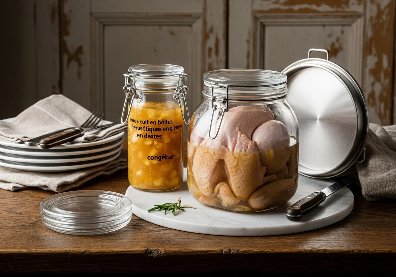 Portions de poulet cuit étiquetées dans des sachets de congélation hermétiques sur un plan de travail