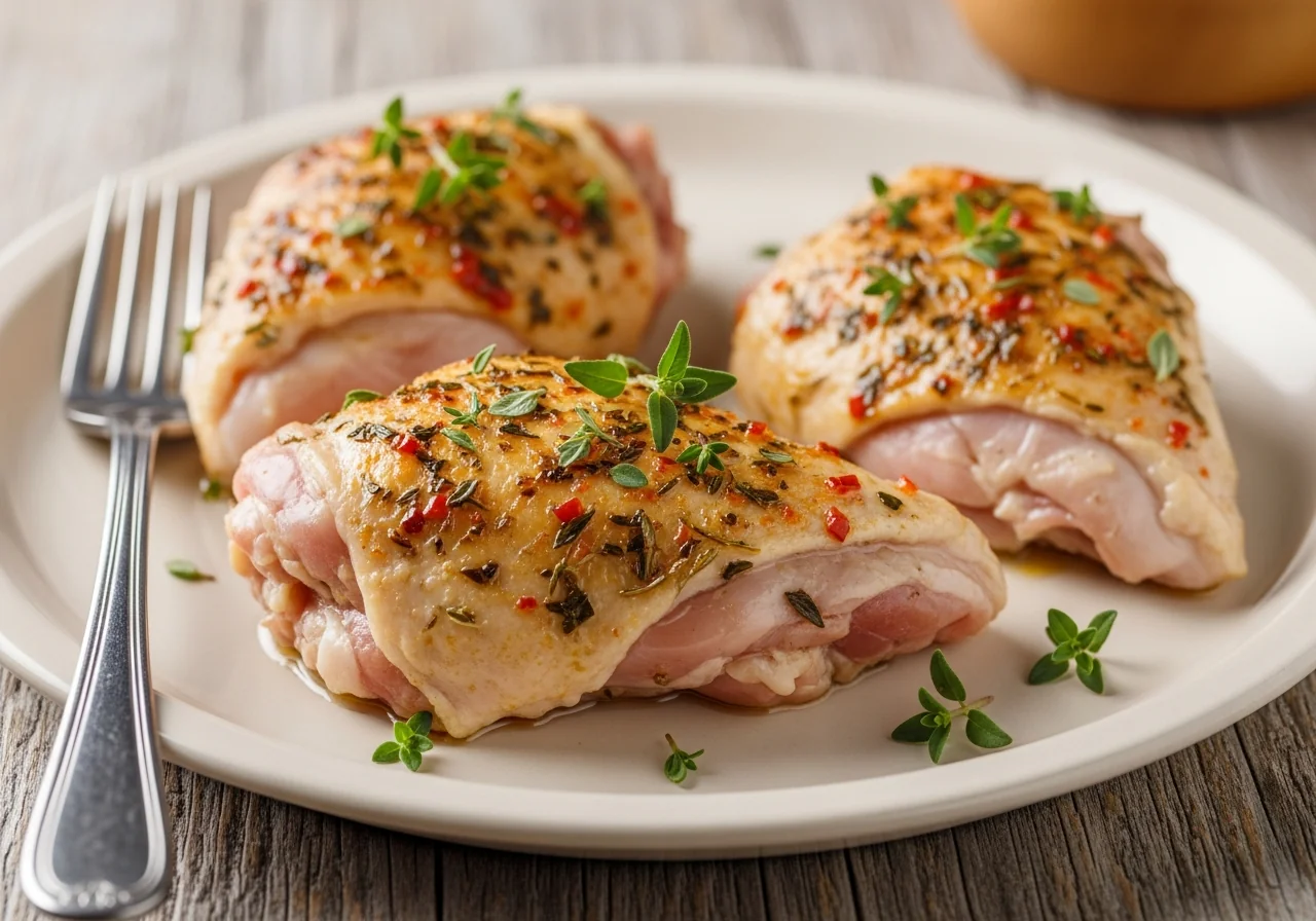 Cuisses de poulet marinées dorées et croustillantes dans le panier ouvert d'un air fryer, avec des herbes fraîches
