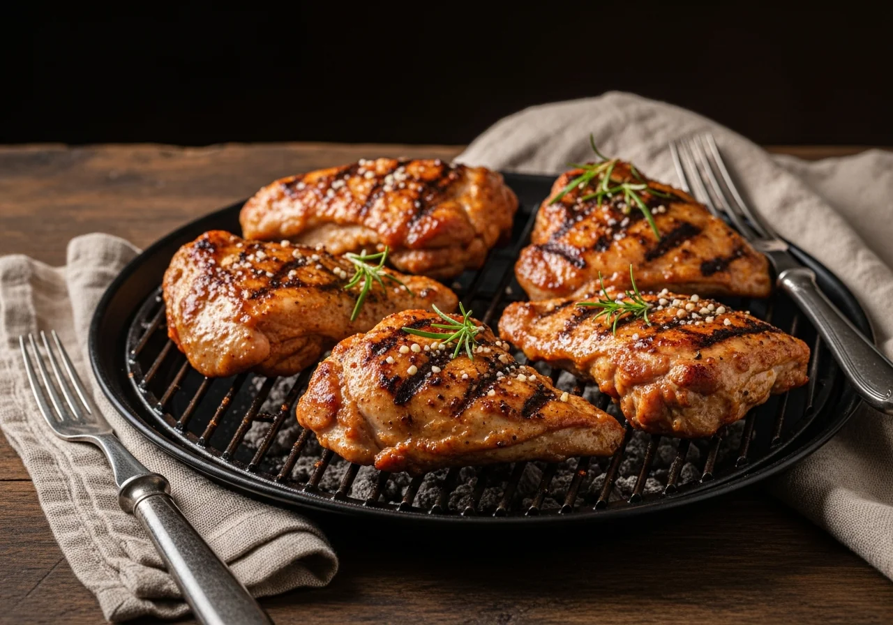 Cuisses de poulet marinées barbecue caramélisées sur la grille, avec des marques de braise et un glaçage brillant