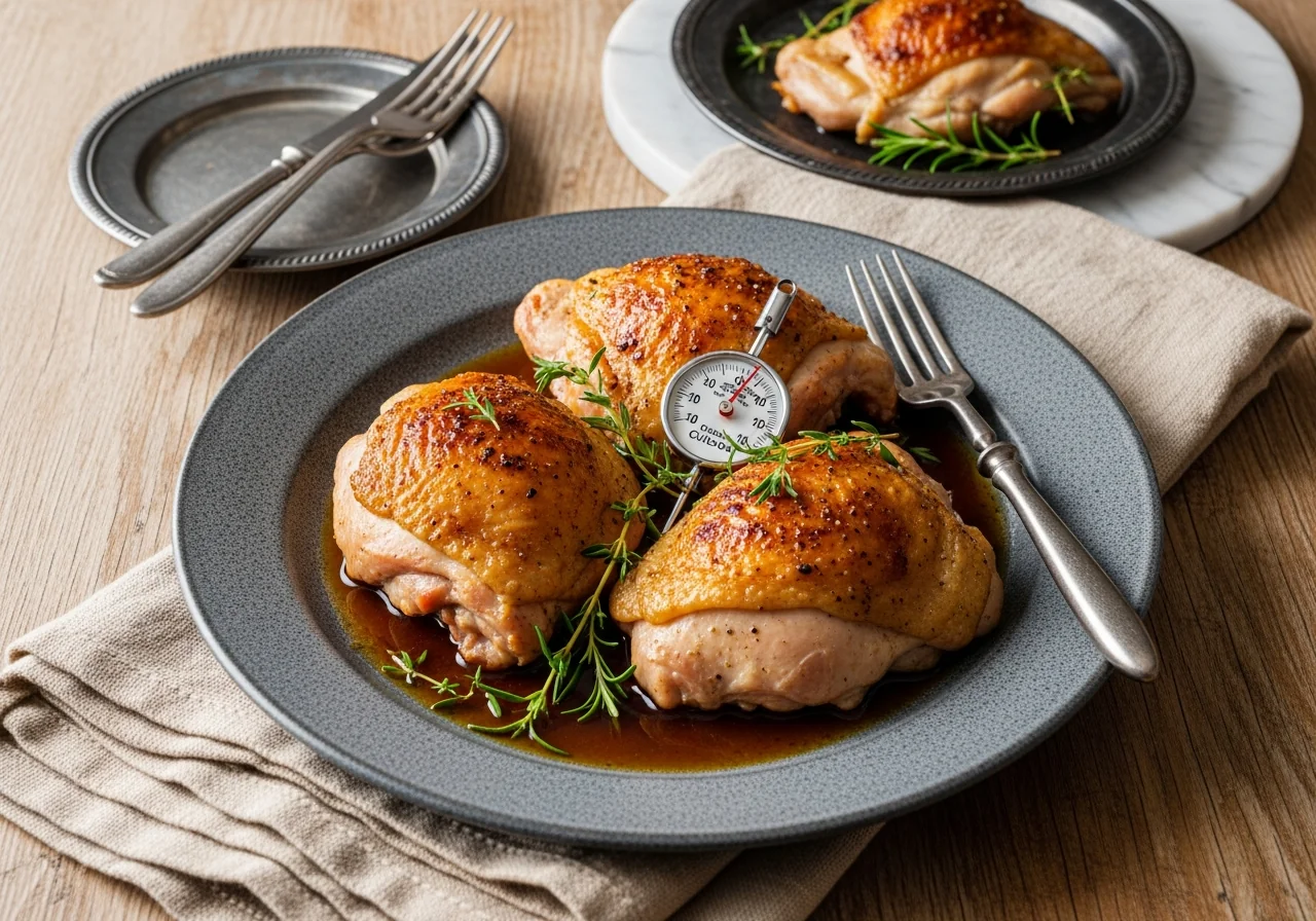 Cuisses de poulet dorées cuites à basse température, posées sur une planche en bois avec du thym frais et des gousses d'ail rôties