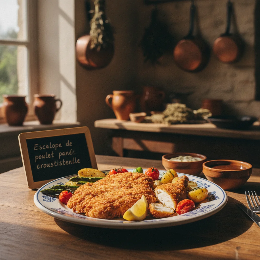 Escalope de poulet panée dorée à la poêle avec citron