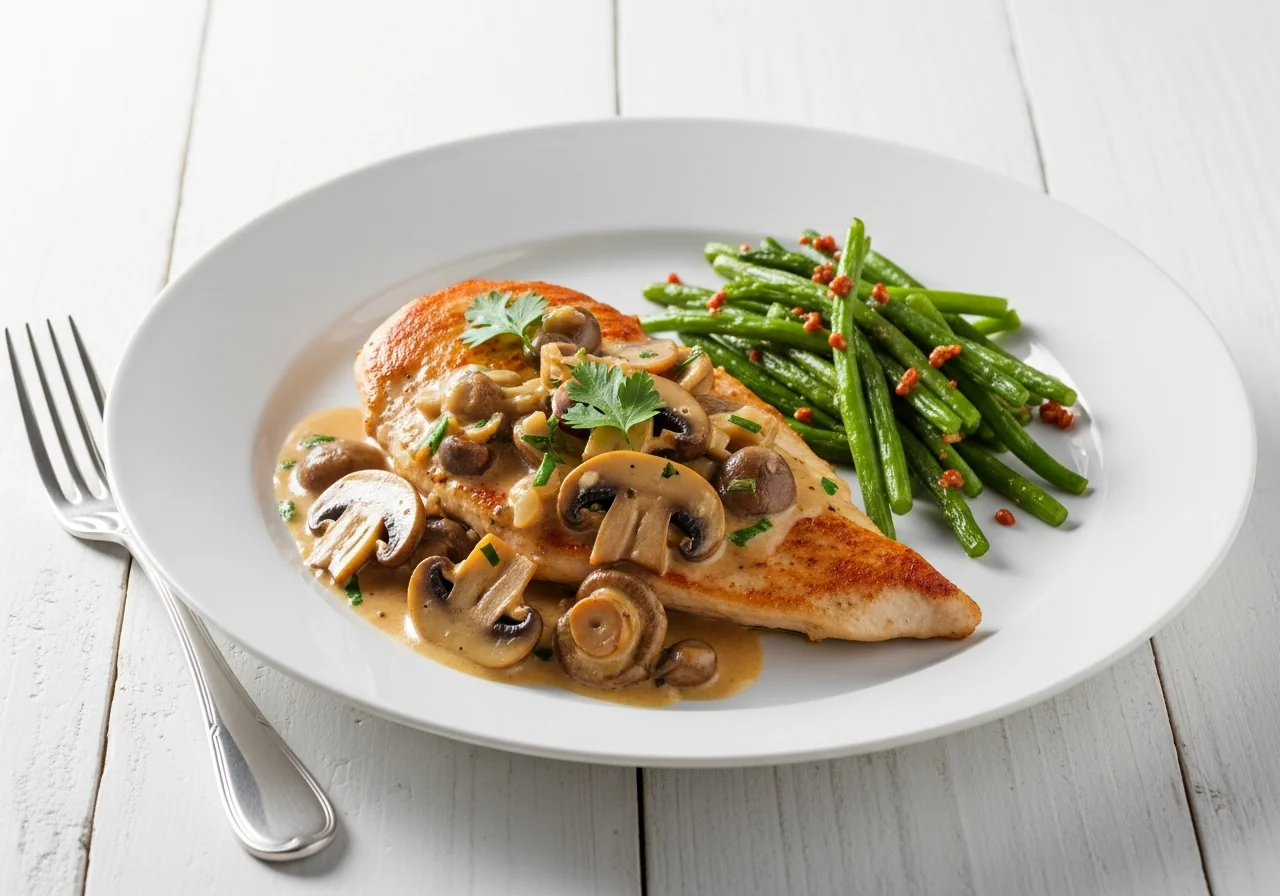 Escalopes de poulet dorées nappées d'une sauce crémeuse aux champignons de Paris dans une grande poêle