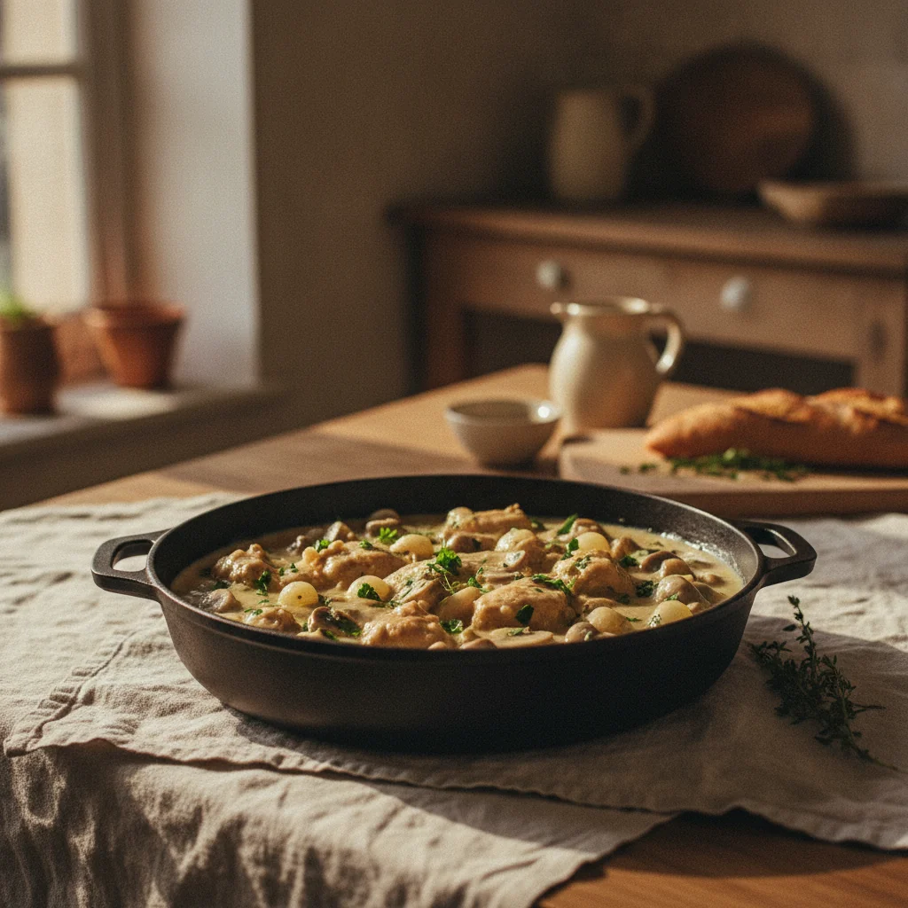 Fricassée de poulet à la sauce blanche avec champignons