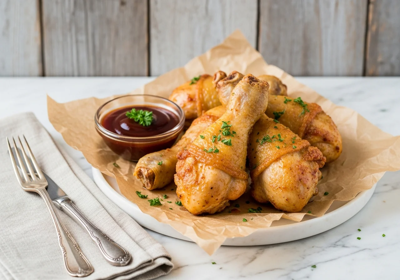 Pilons de poulet dorés et croustillants dans le panier ouvert d'un airfryer