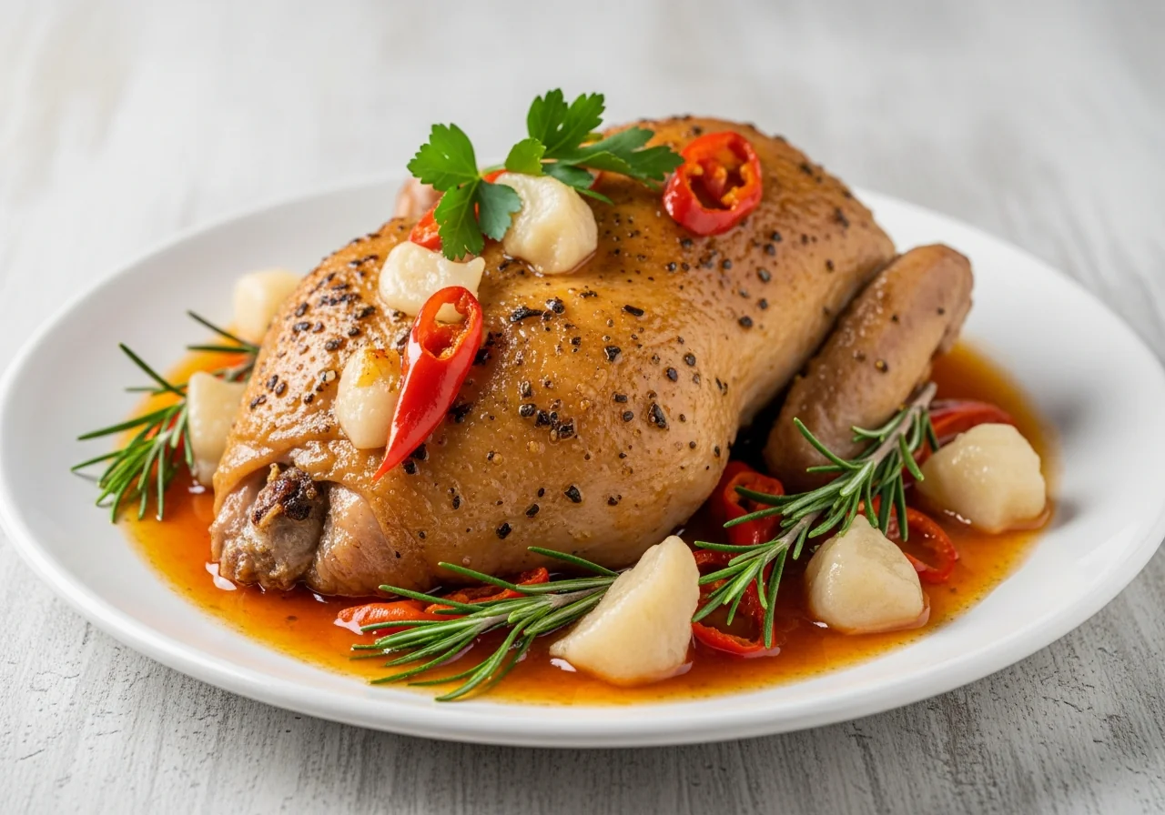 Cocotte en fonte remplie de morceaux de poulet au cidre avec des pommes de terre fondantes, des champignons et du persil frais ciselé