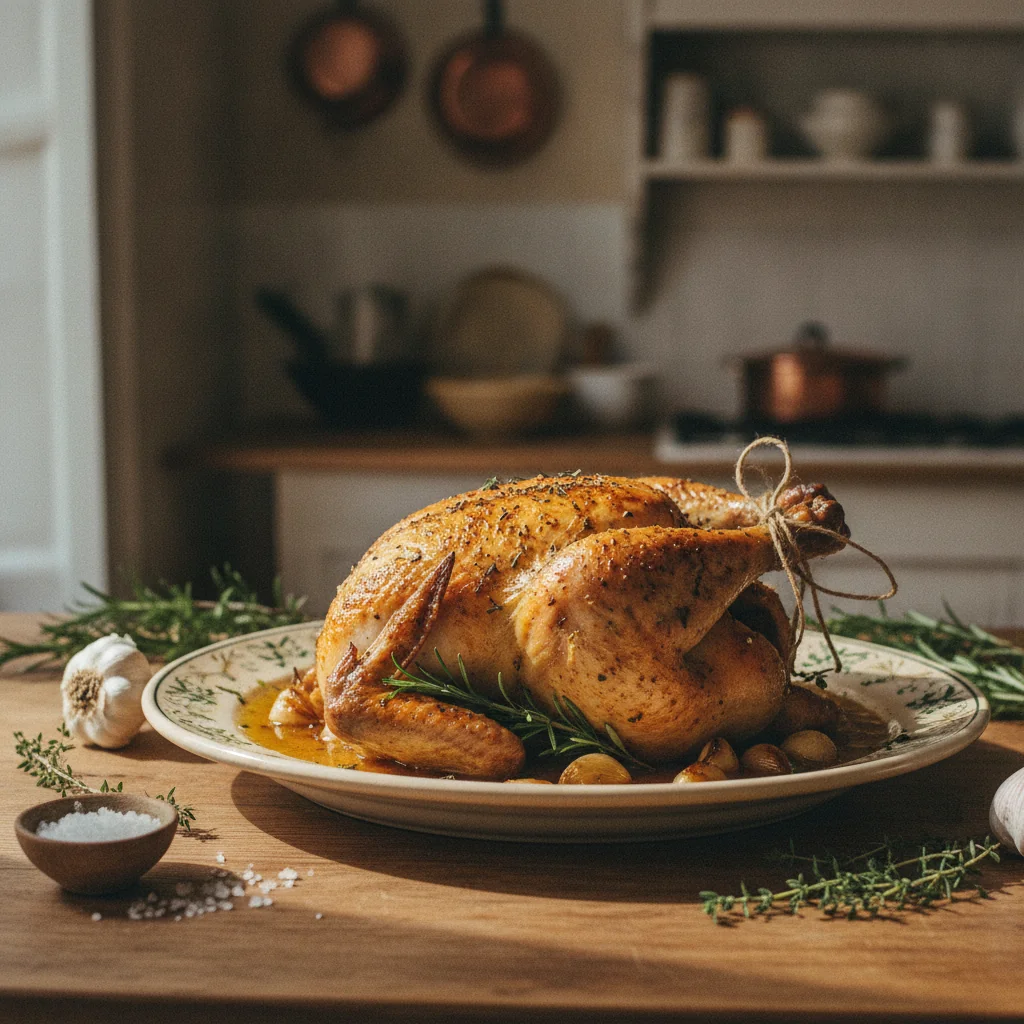 Poulet entier rôti doré au four sur un plat de service
