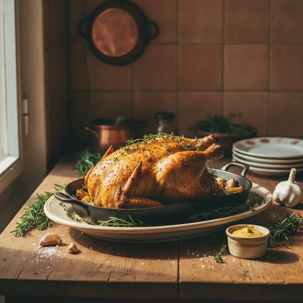 Poulet au four nappé de moutarde dorée et de thym