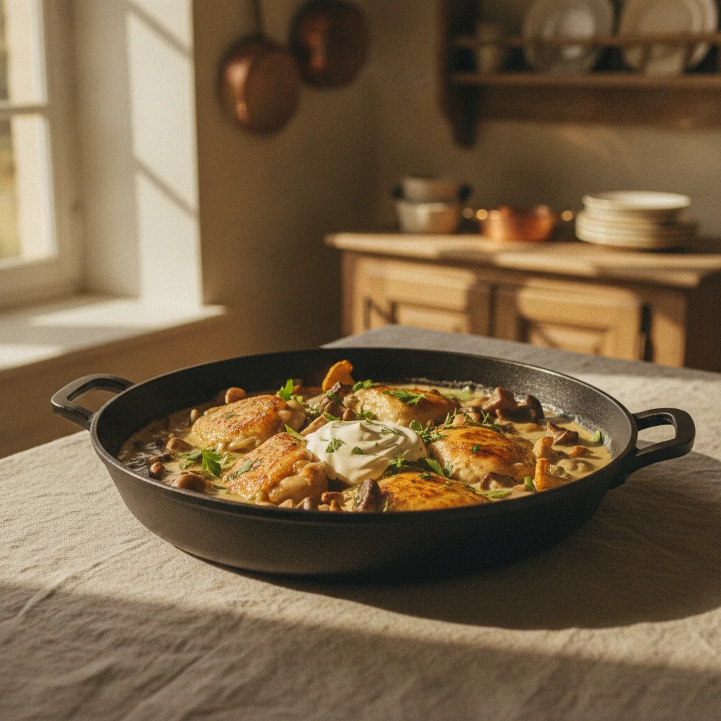 Poulet aux champignons en sauce crémeuse dans une cocotte