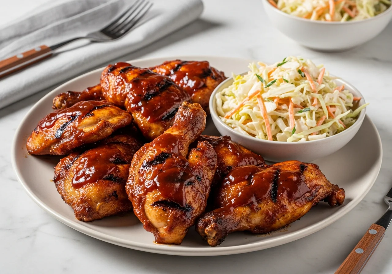 Hauts de cuisse de poulet barbecue brillants et caramélisés dans le panier ouvert d'un air fryer