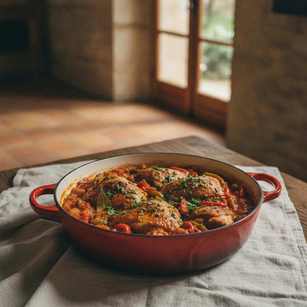 Poulet basquaise traditionnel aux poivrons et tomates