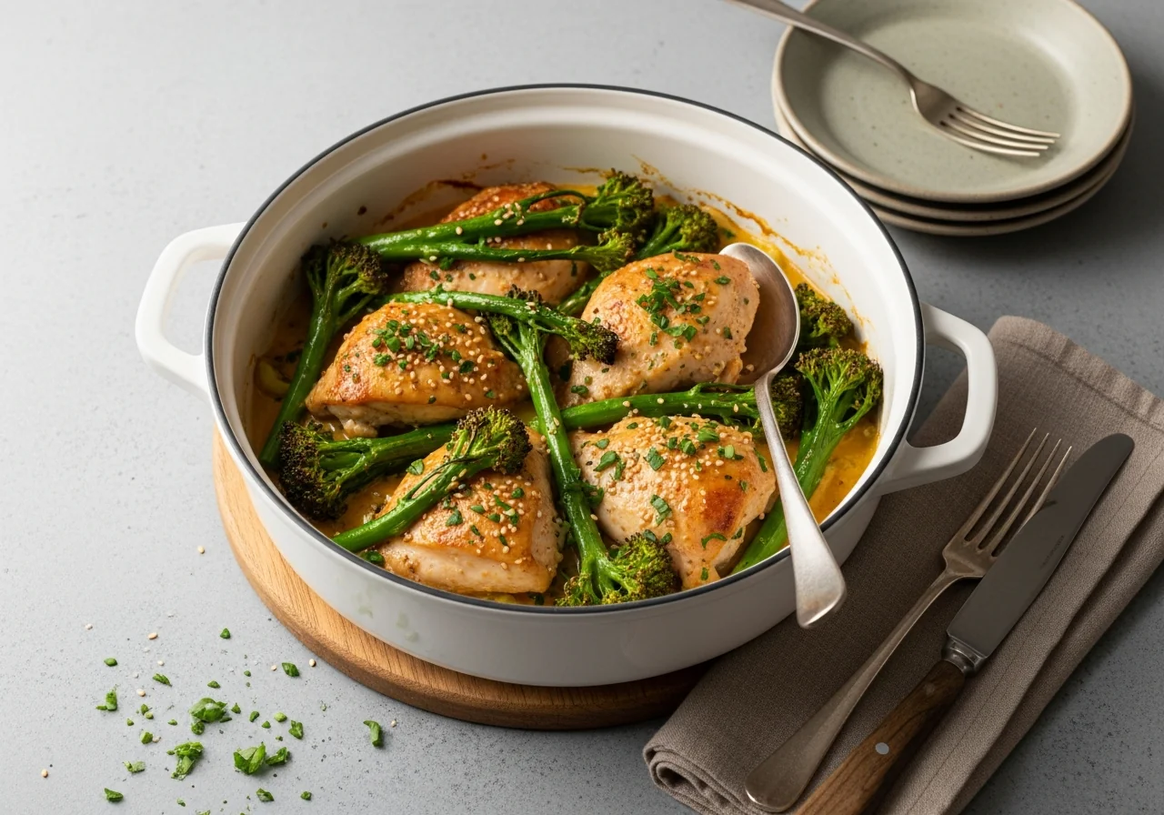 Assiette de poulet brocolis au cookeo, morceaux de poulet dorés et fleurettes de brocolis vertes dans un bouillon léger, vue de dessus sur fond de bois