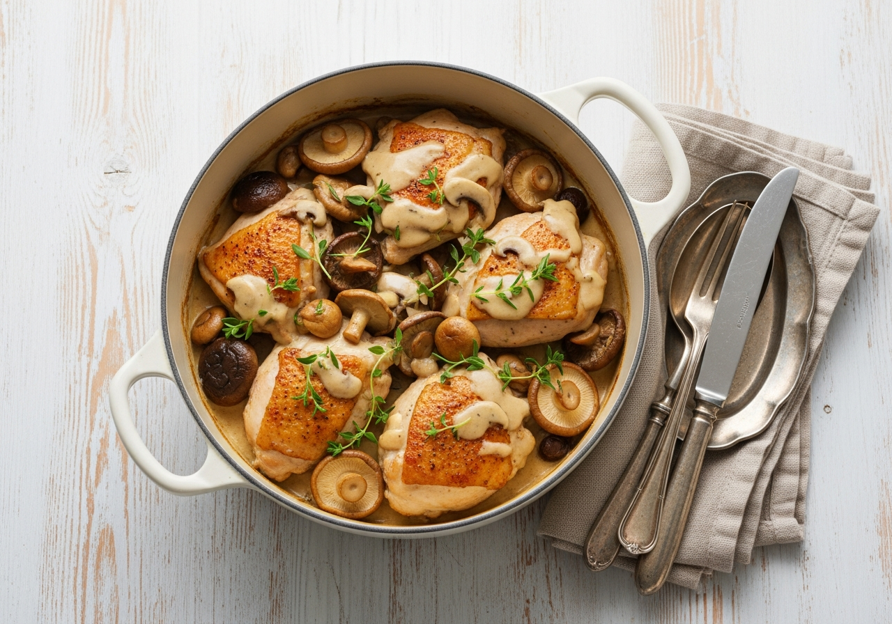 Poulet aux champignons à la crème dans un cookeo ouvert, vapeur dorée se dégageant sur la sauce onctueuse