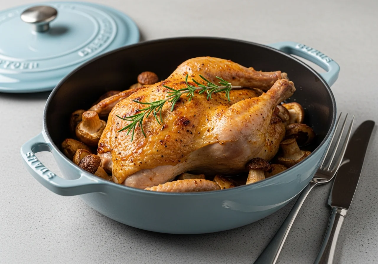 Poulet chasseur mijoté en cocotte avec champignons et sauce chasseur aux herbes fraîches