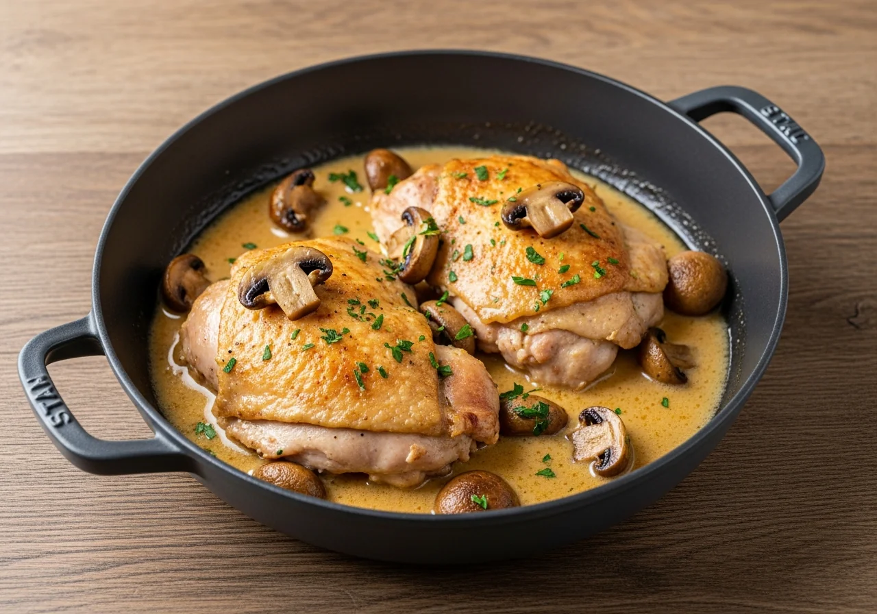 Poulet à la crème champignons en cocotte, sauce onctueuse et champignons dorés
