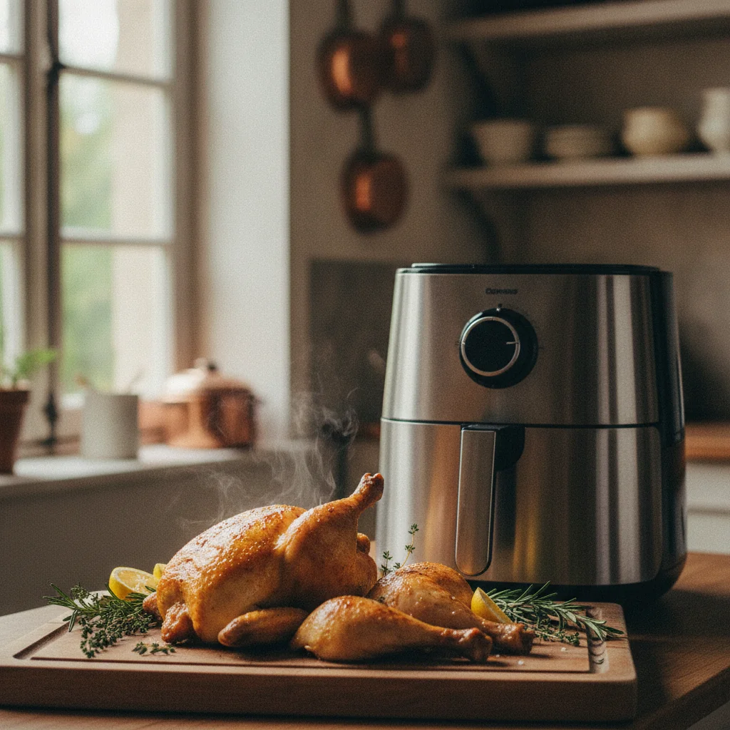 Poulet entier doré comme un rôtisserie dans l'air fryer