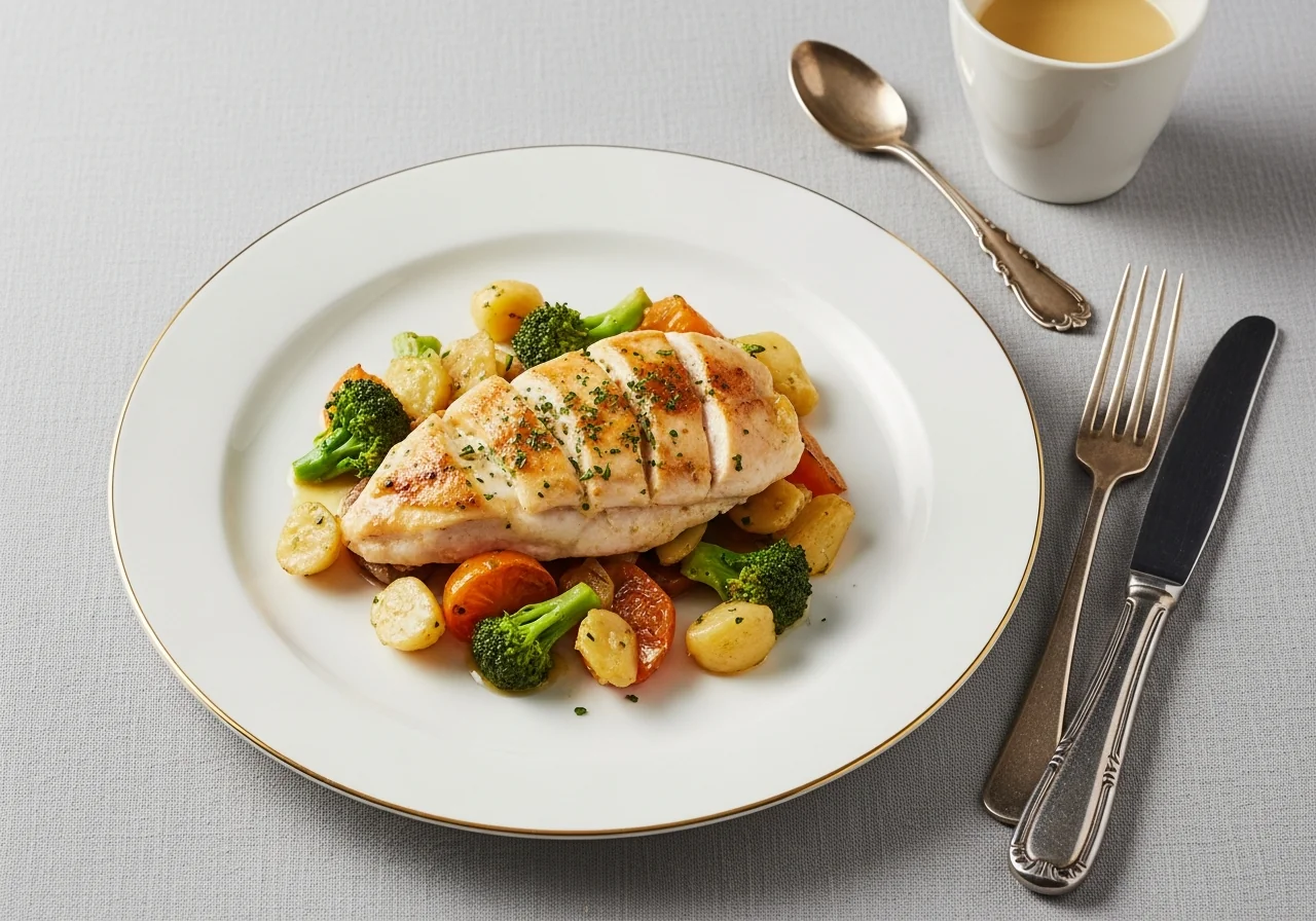 Poulet à l'estragon sauce crème dorée dans une cocotte en fonte, avec des feuilles d'estragon frais parsemées