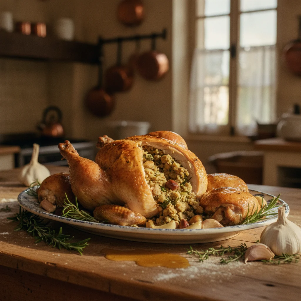 Poulet farci tranché révélant la farce aux herbes