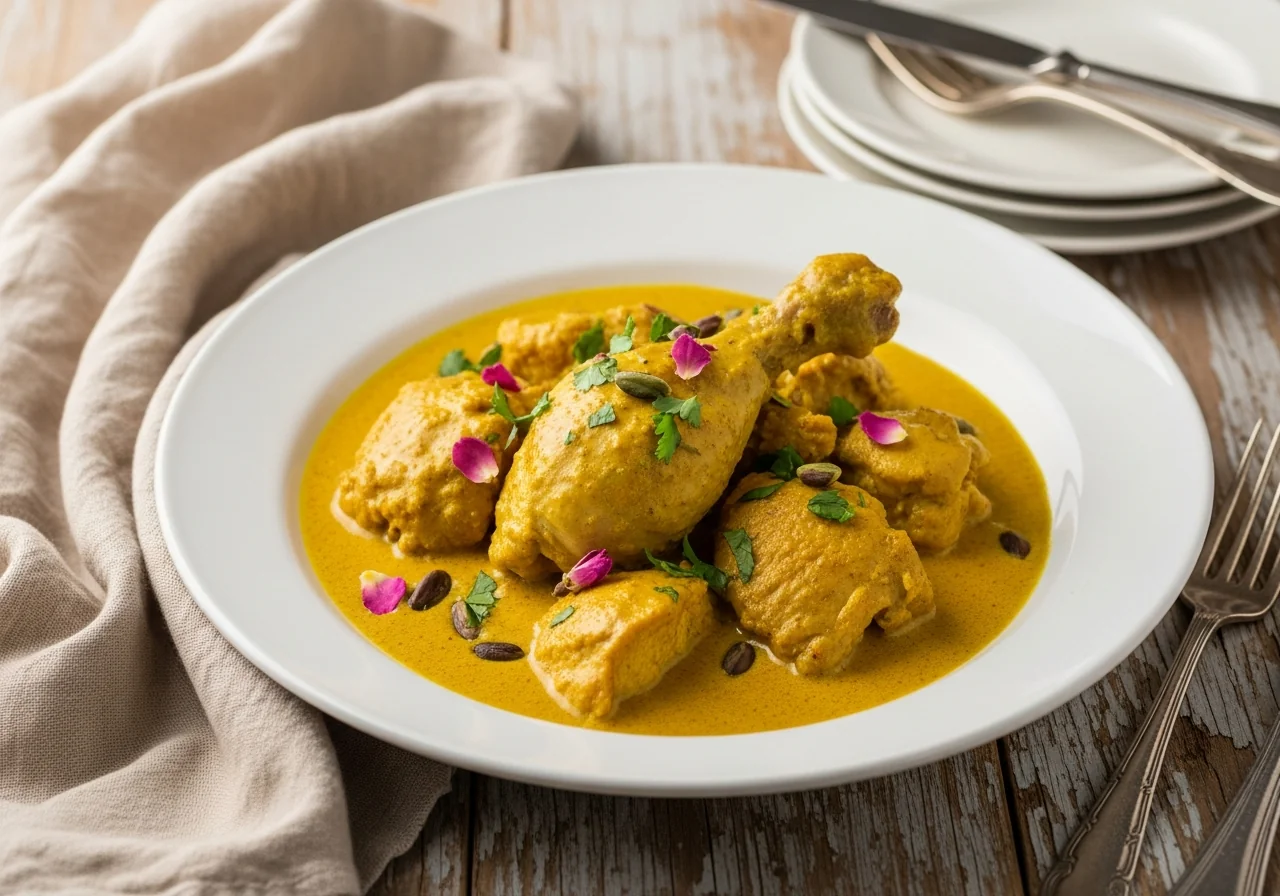 Poulet korma dans une cocotte en fonte, sauce ivoire crémeuse aux épices indiennes, parsemé de coriandre fraiche, servi avec du riz basmati
