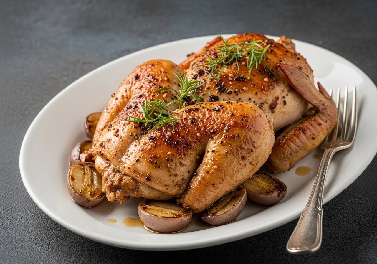 Poulet laqué entier sorti du four, peau dorée et brillante nappée de sauce miel-soja caramélisée dans un plat en céramique rustique sur table en bois