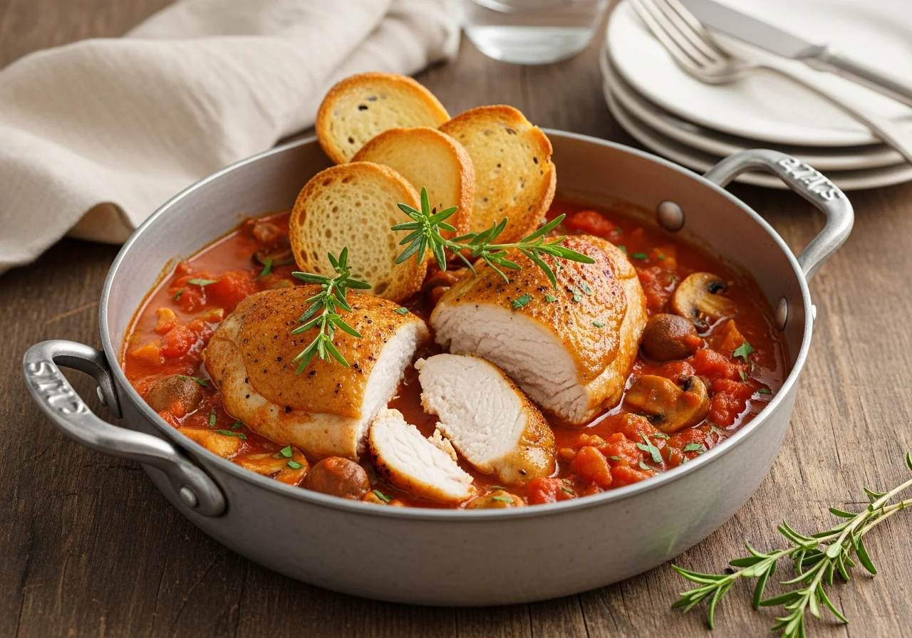 Poulet Marengo mijoté en cocotte en fonte, morceaux de poulet dorés nappés d'une sauce aux tomates et champignons, parsemé de persil frais