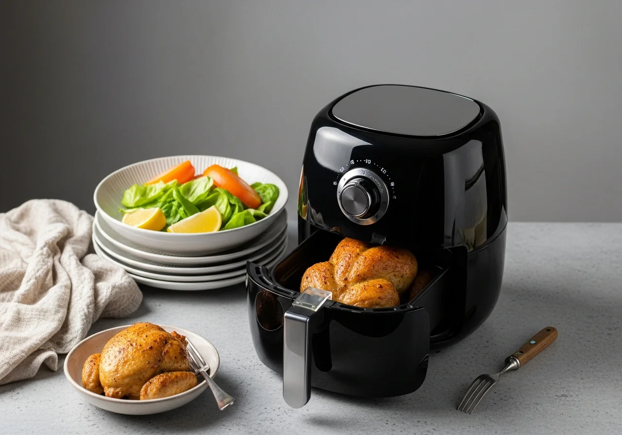 Filets de poulet panés dorés dans le panier d'un air fryer, chapelure croustillante au paprika