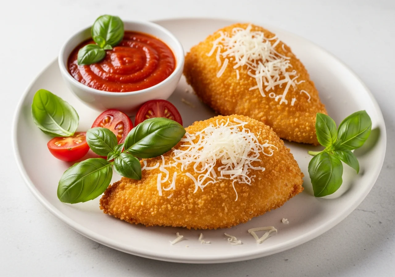 Escalopes de poulet panées au parmesan dorées dans le panier d'un air fryer, sauce tomate et mozzarella gratinée