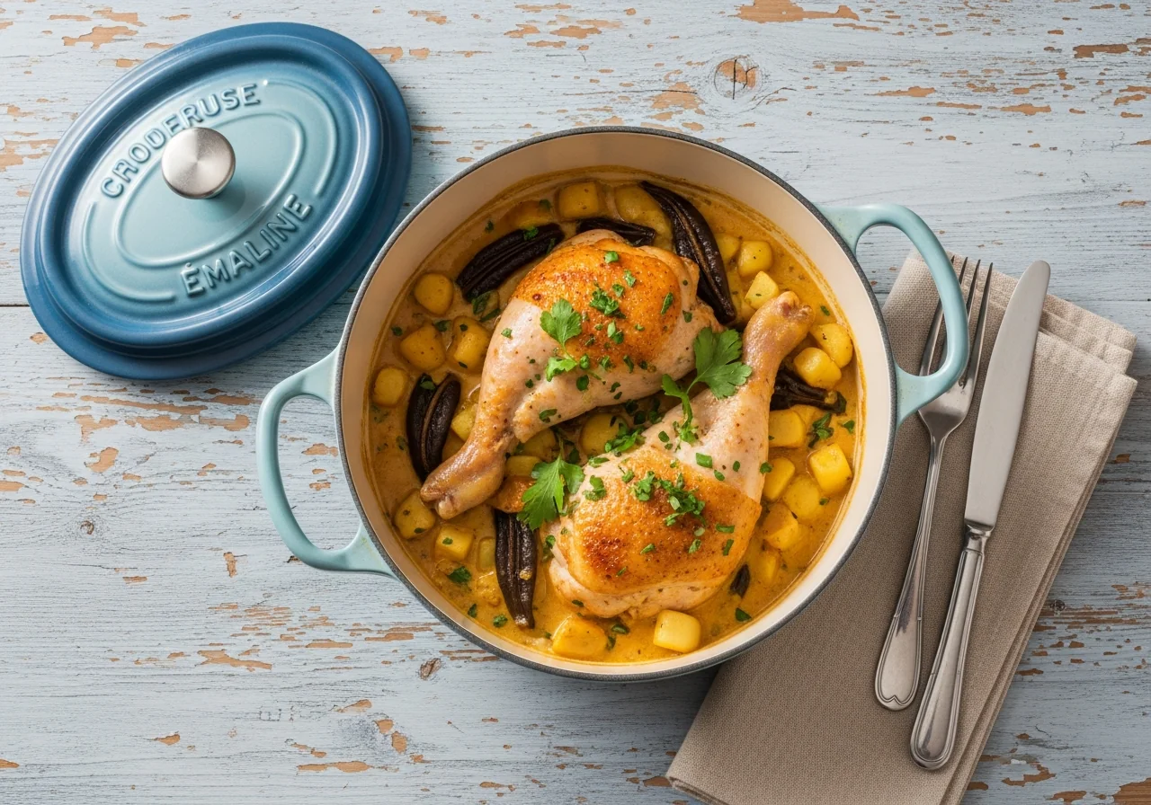 Filets de poulet aux poireaux fondants nappés d'une sauce crémeuse dans un plat blanc, préparés au Cookeo