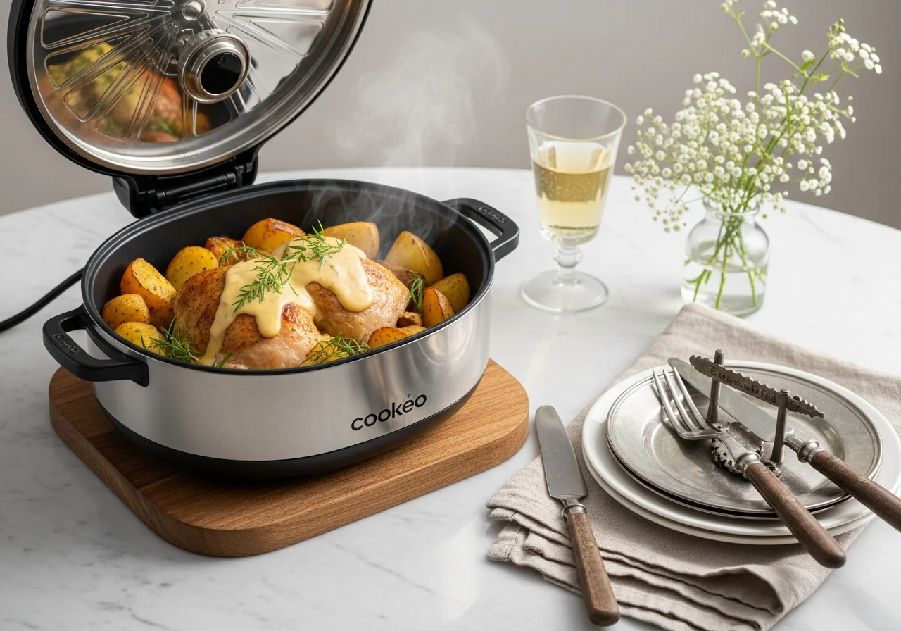 Morceaux de poulet dorés sur lit de pommes de terre fondantes nappés d'une sauce au thym dans un plat creux blanc