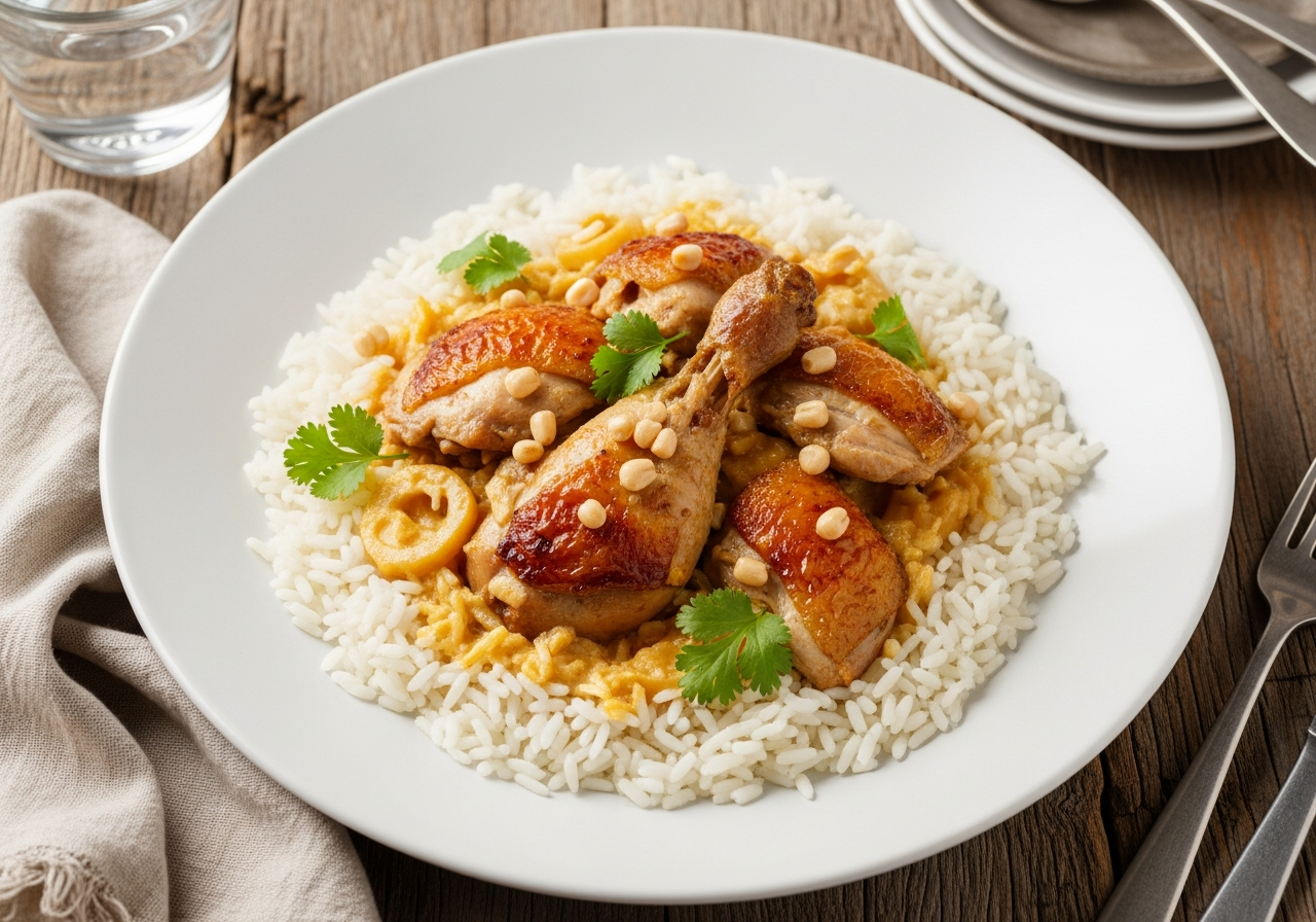 Assiette de poulet riz au cookeo avec poivrons rouges et oignons caramélisés dorés, servi chaud