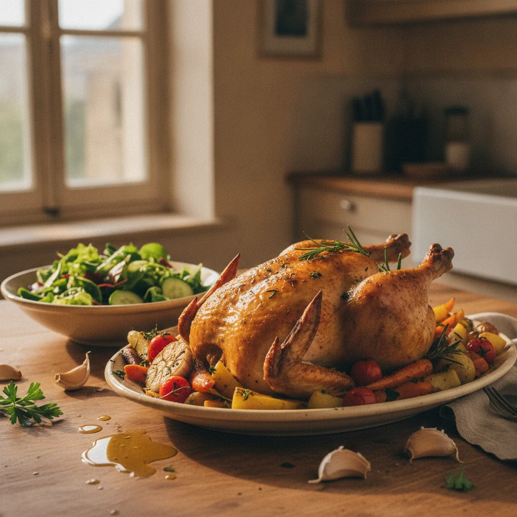 Poulet rôti avec légumes dorés et salade verte