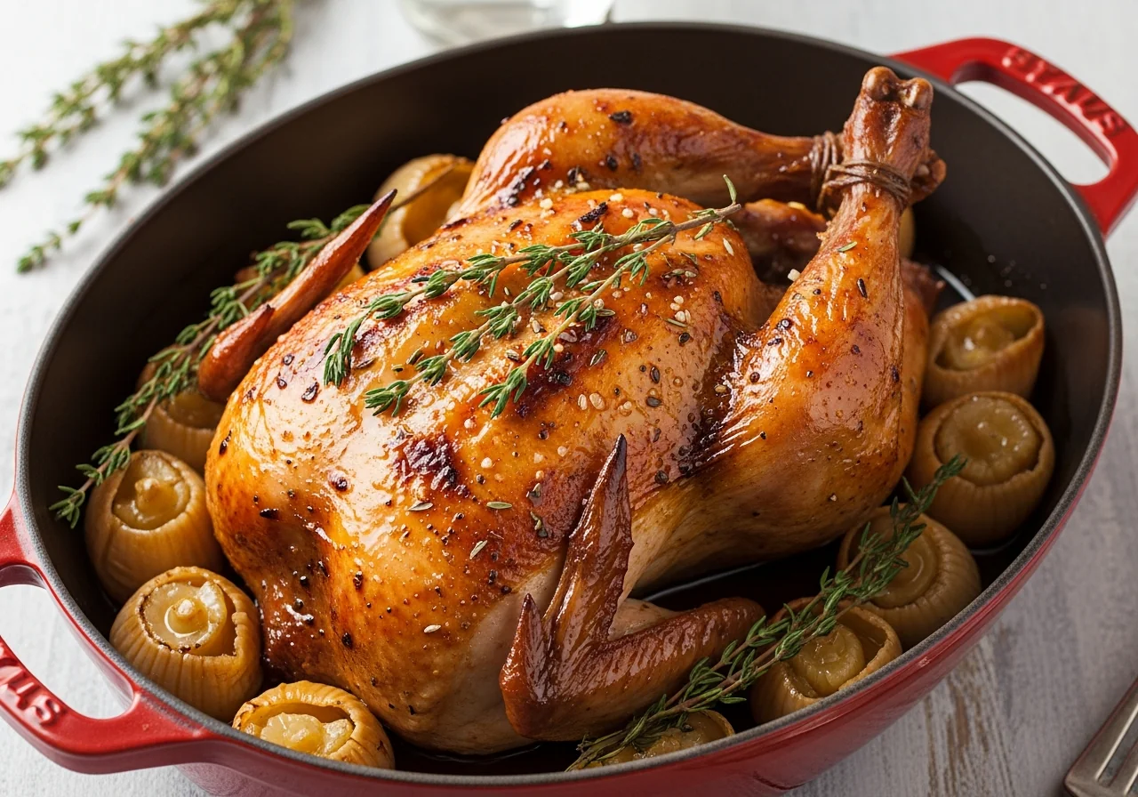 Poulet rôti entier doré dans un plat en fonte ovale, entouré de gousses d'ail confit caramélisées, brins de thym frais, jus de cuisson ambré brillant au fond du plat