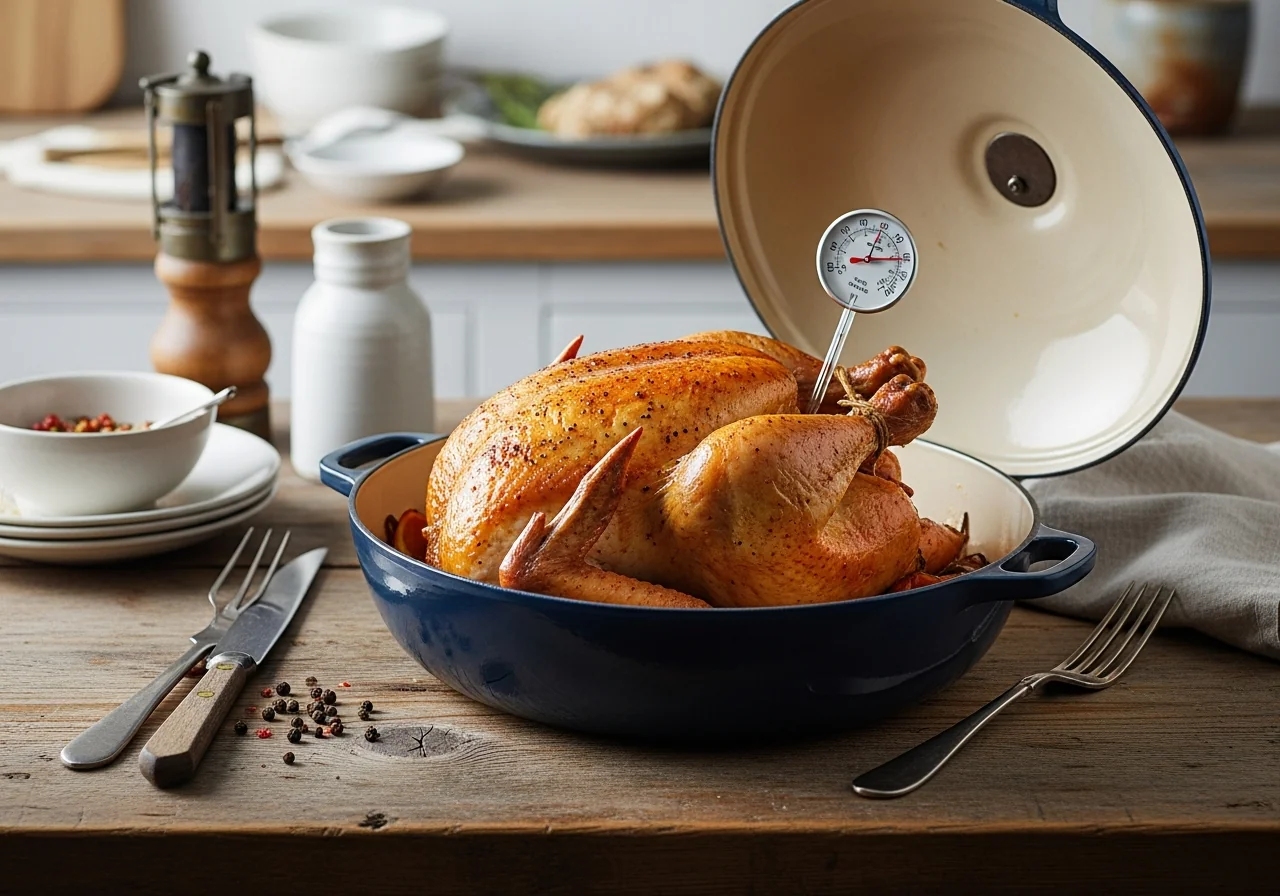 Poulet rôti entier doré dans un plat en céramique entouré d'herbes aromatiques, d'oignons et d'ail confits
