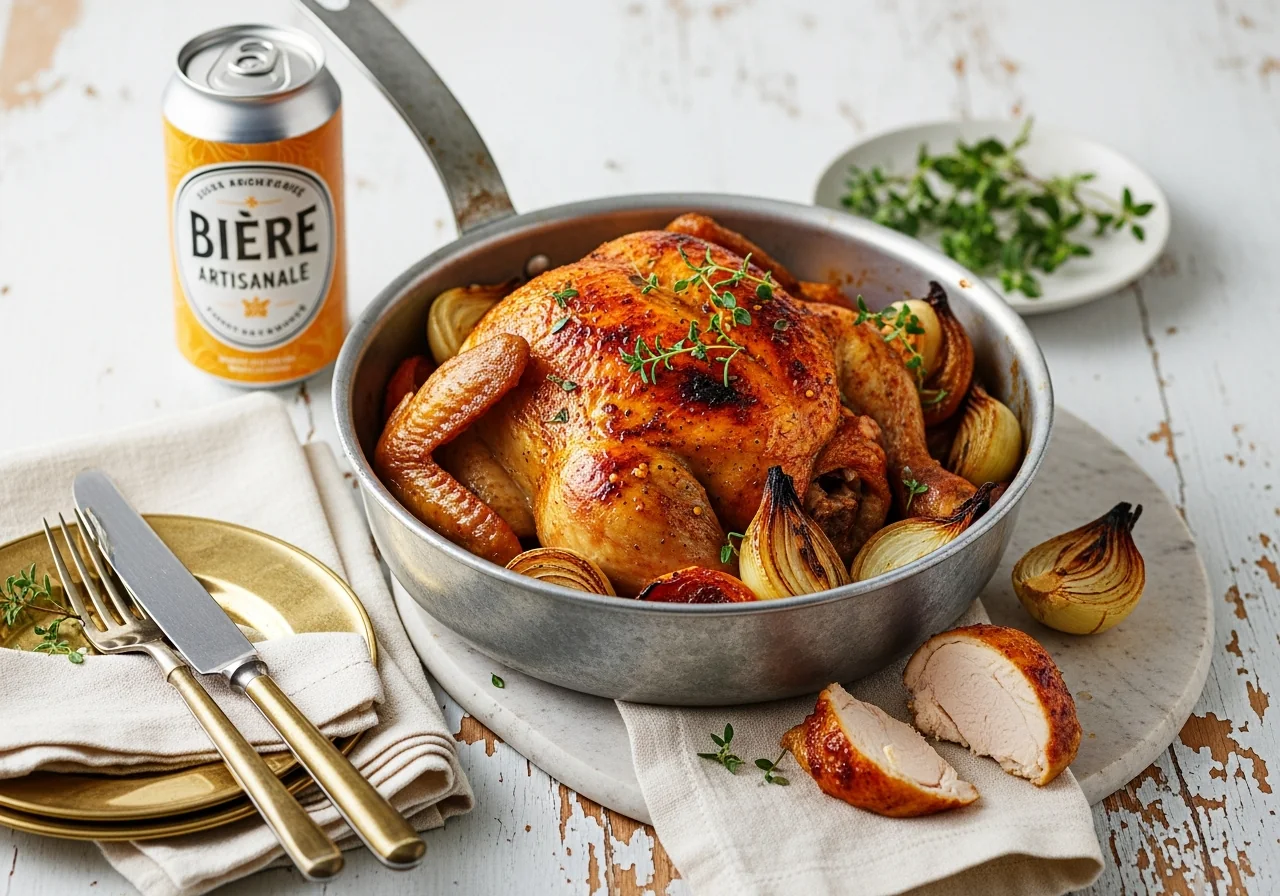 Poulet rôti entier à la bière dans un plat à rôtir, peau dorée et laquée, entouré d'oignons confits et de thym frais