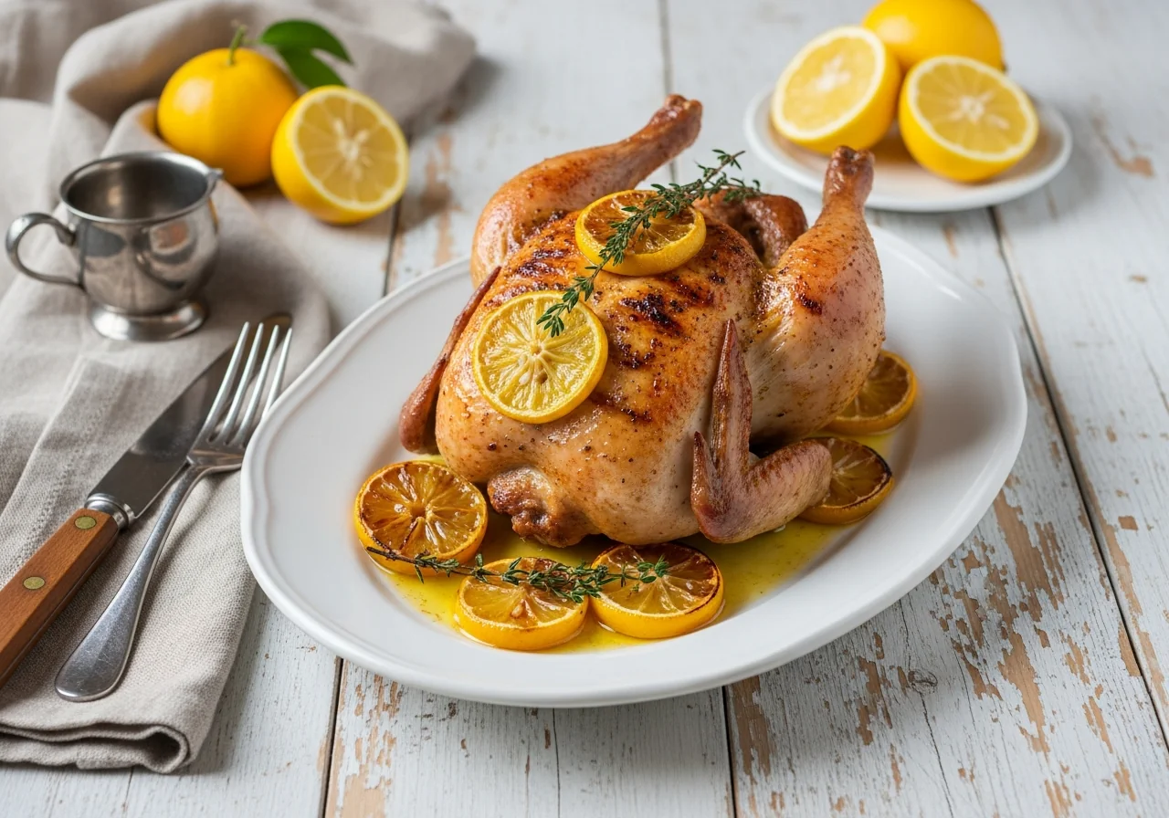 Poulet rôti entier doré dans un plat en fonte, entouré de branches de thym frais et de quartiers de citron caramélisés, jus de cuisson brillant dans le fond du plat