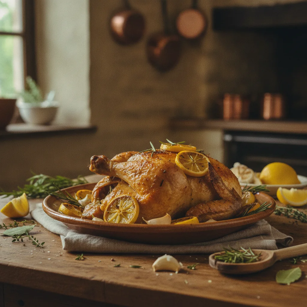 Poulet rôti au citron avec tranches de citron et romarin