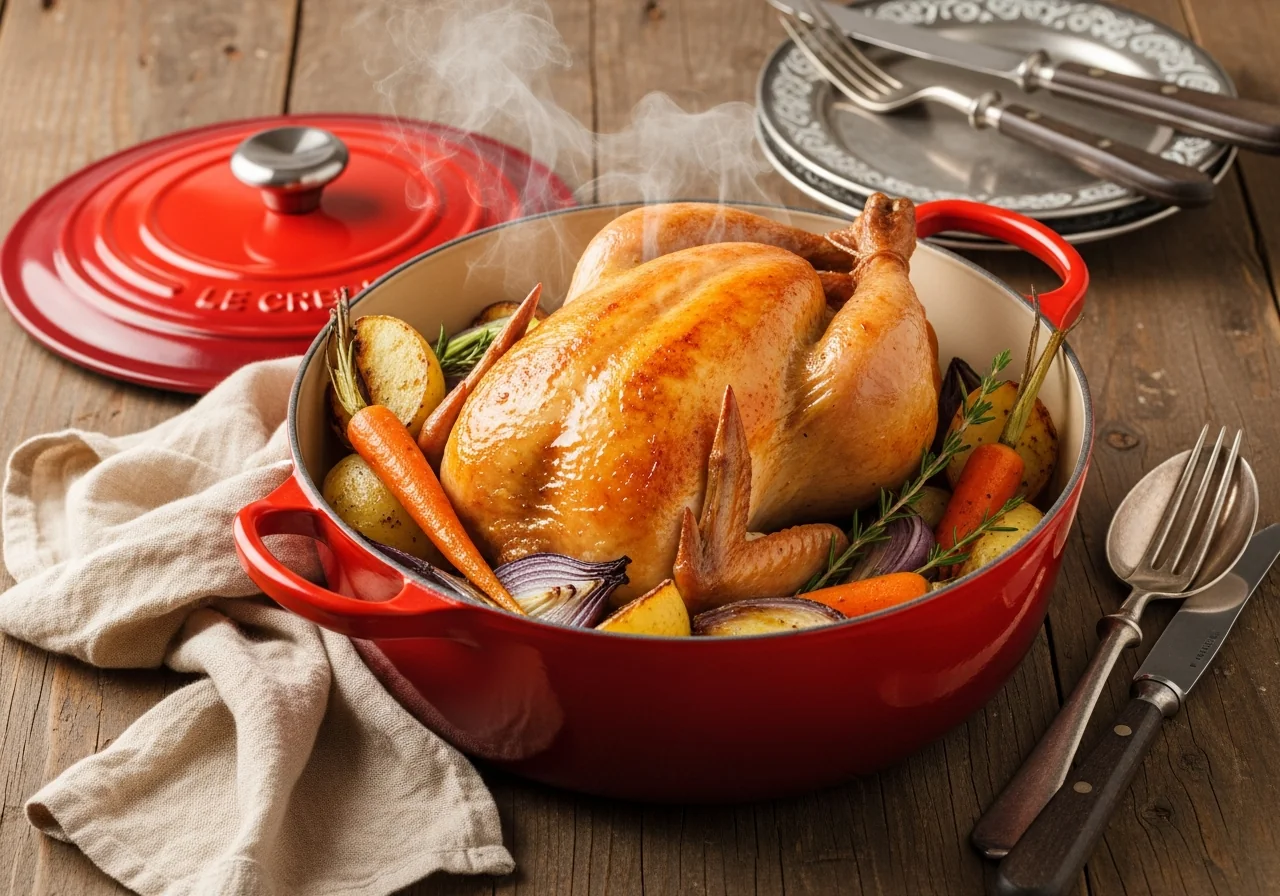 Poulet rôti entier doré dans une cocotte en fonte rouge avec oignons caramélisés, gousses d'ail confites et branches de thym