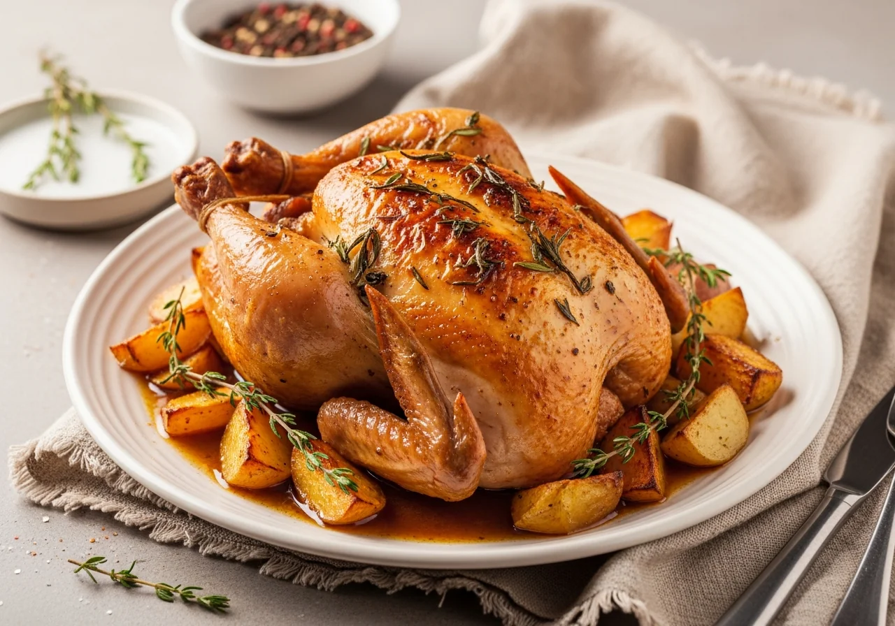 Poulet entier rôti doré sorti du cookeo, posé sur une planche à découper en bois, entouré d'herbes fraîches et de quartiers de citron