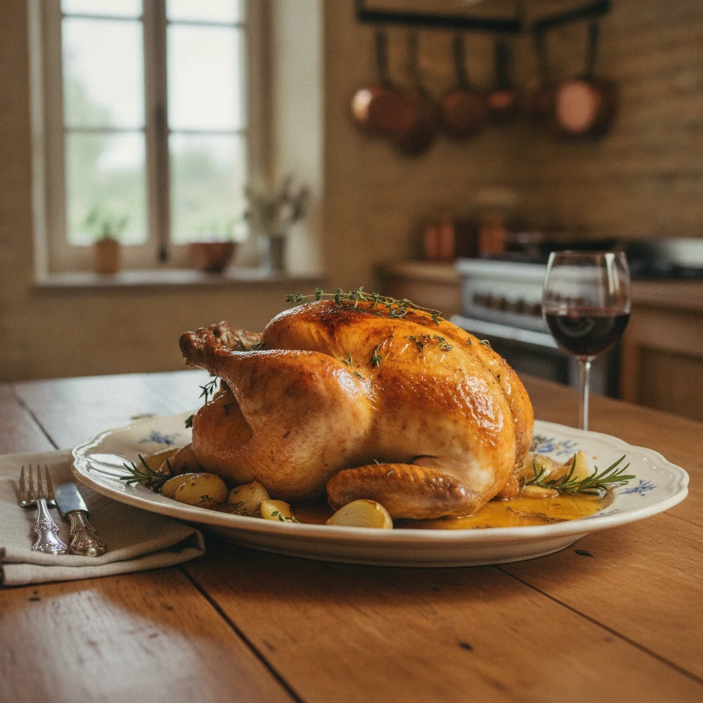 Poulet rôti du dimanche sur son plat de présentation