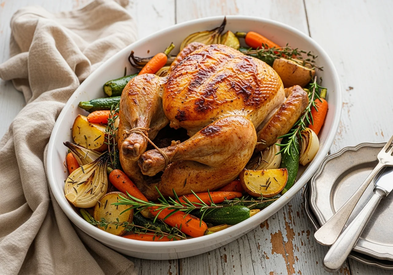 Poulet rôti entier doré posé sur un lit de pommes de terre, carottes et poivrons caramélisés dans un grand plat en fonte, jus de cuisson brillant, branches de romarin